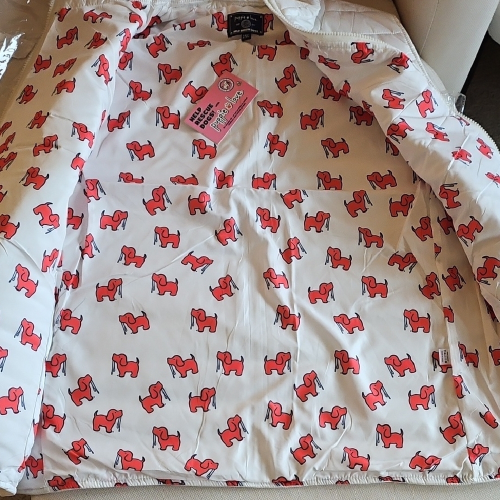 2XL Ladies White Puffer Jacket - Cute Puppy Lovers Vest